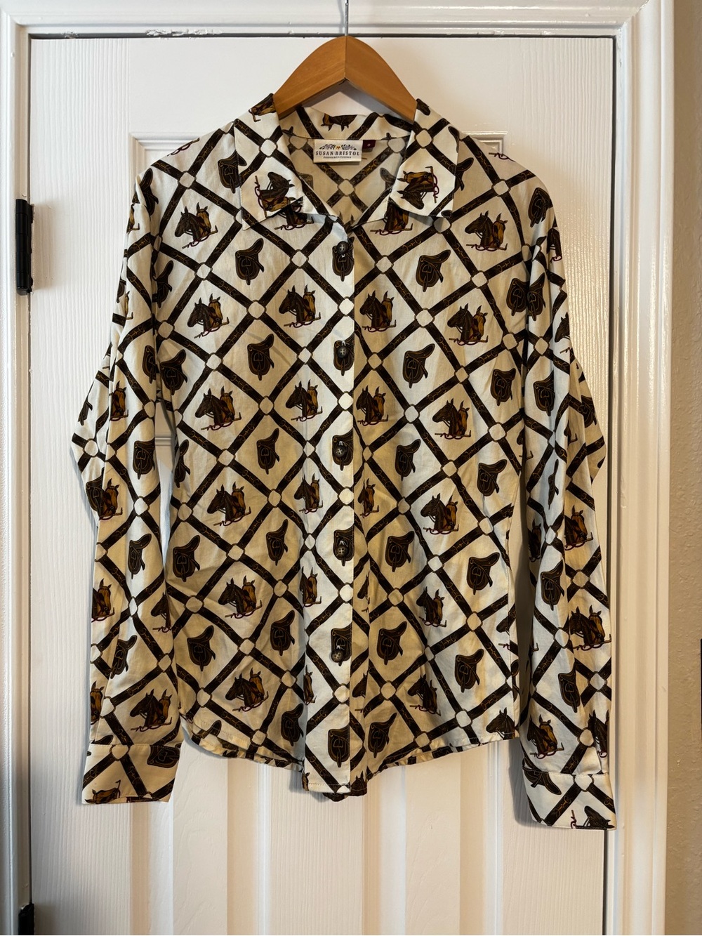 Equestrian Horse Print Button Front Shirt Susan Bristol Size 8 Western Style